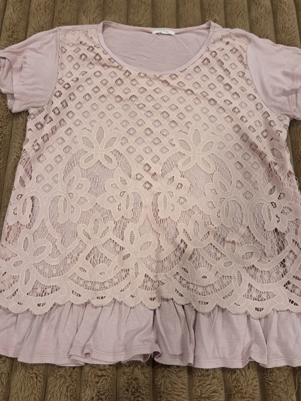 Maurices Pink Short Sleeve Top Lace Overlay Ruffle Hem Women's XL Rose Light